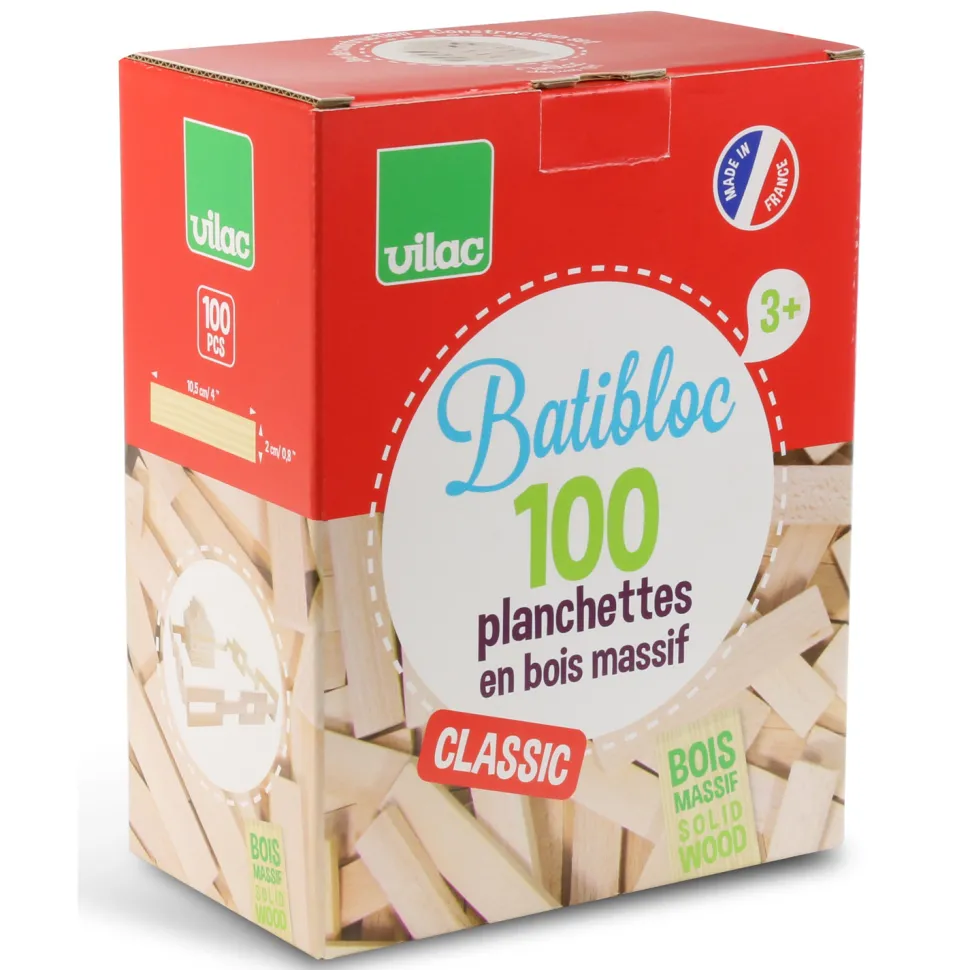 100 planchettes en bois massif Batibloc Classic - Vilac