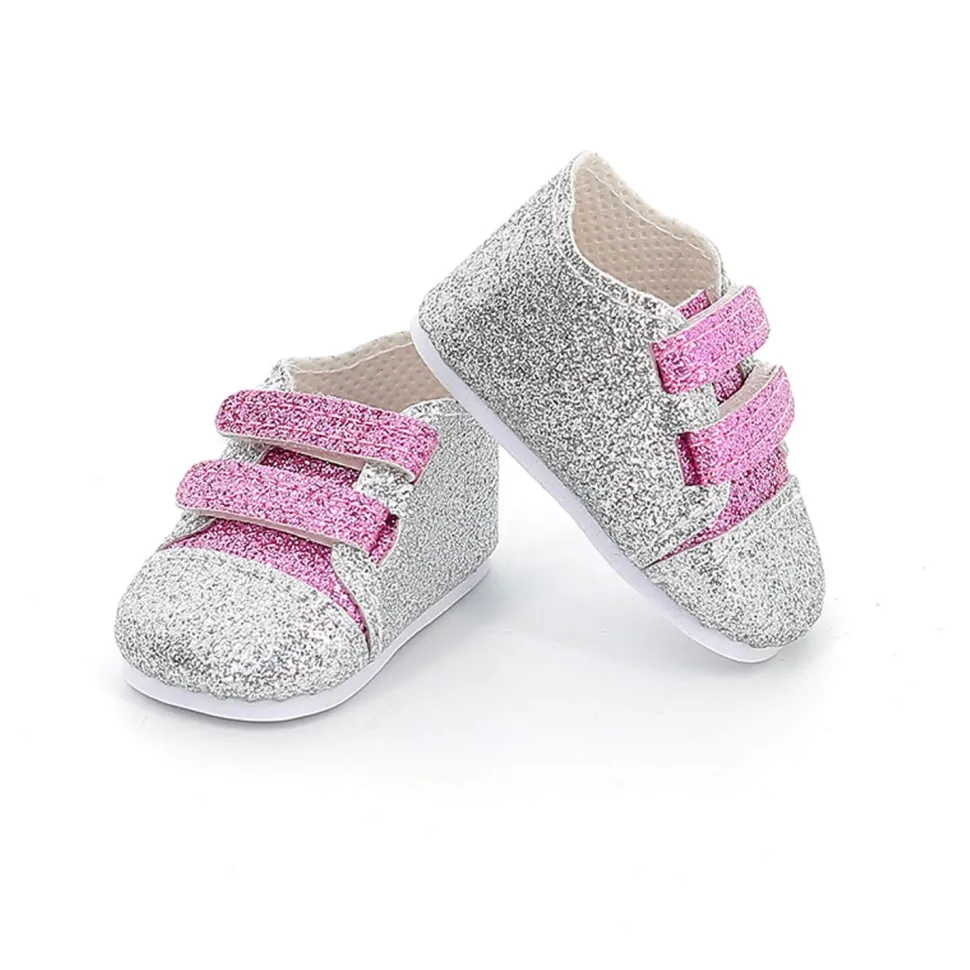 Accessoire pour poupée 34 cm Minouche : Baskets rose et argent - Petitcollin