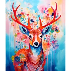 Broderie diamant : Cerf coloré en fleurs - toile tendue sur chassis - Figured'Art