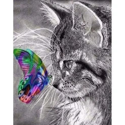 Broderie diamant : Chat et Papillon coloré - sans chassis en bois - Figured'Art