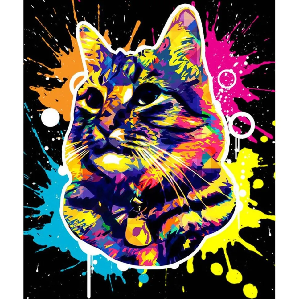 Broderie diamant : Chat Splash Pop Art - toile tendue sur chassis - Figured'Art