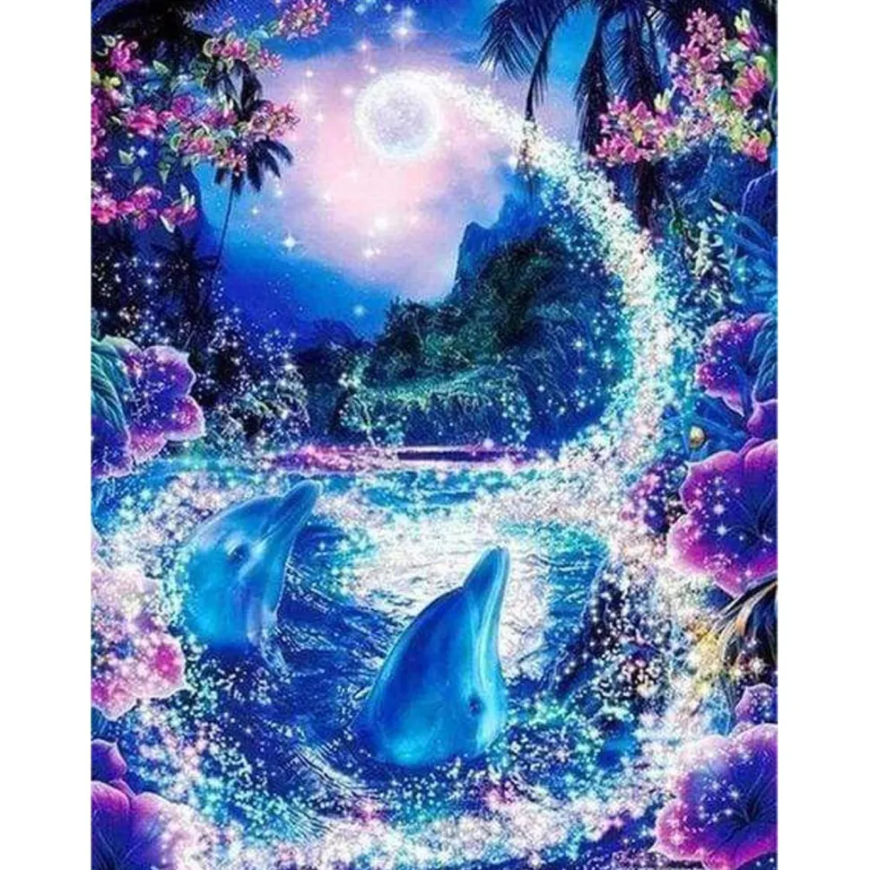 Broderie diamant : Dauphins et Rivière enchantée - sans chassis en bois - Figured'Art