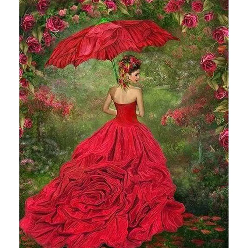 Broderie diamant : Femme à la Robe rouge - sans chassis en bois - Figured'Art