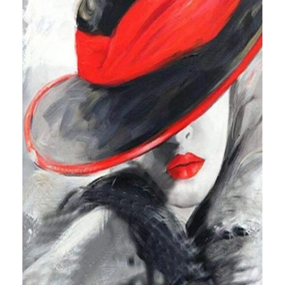 Broderie diamant : Femme au chapeau Rouge - sans chassis en bois - Figured'Art