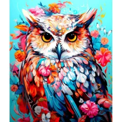 Broderie diamant : Hibou coloré en fleurs - toile tendue sur chassis - Figured'Art