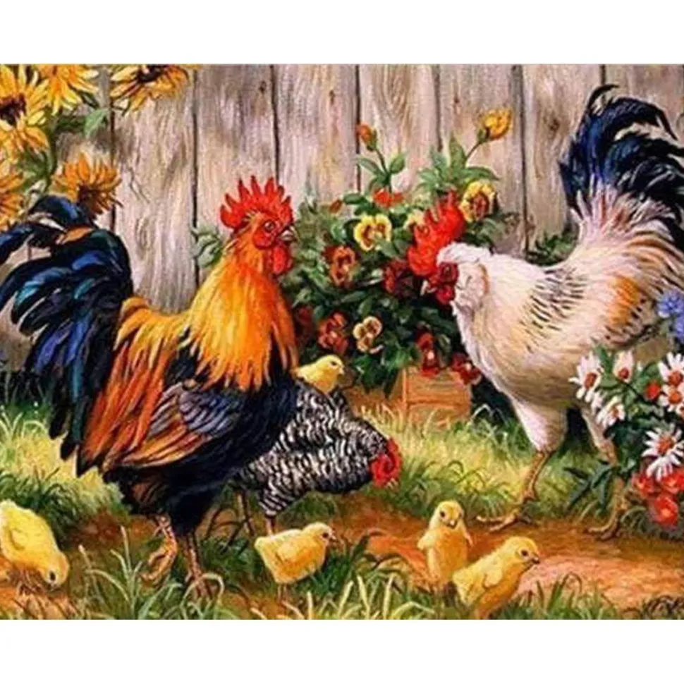 Broderie diamant : La Ferme des Coqs - sans chassis en bois - Figured'Art