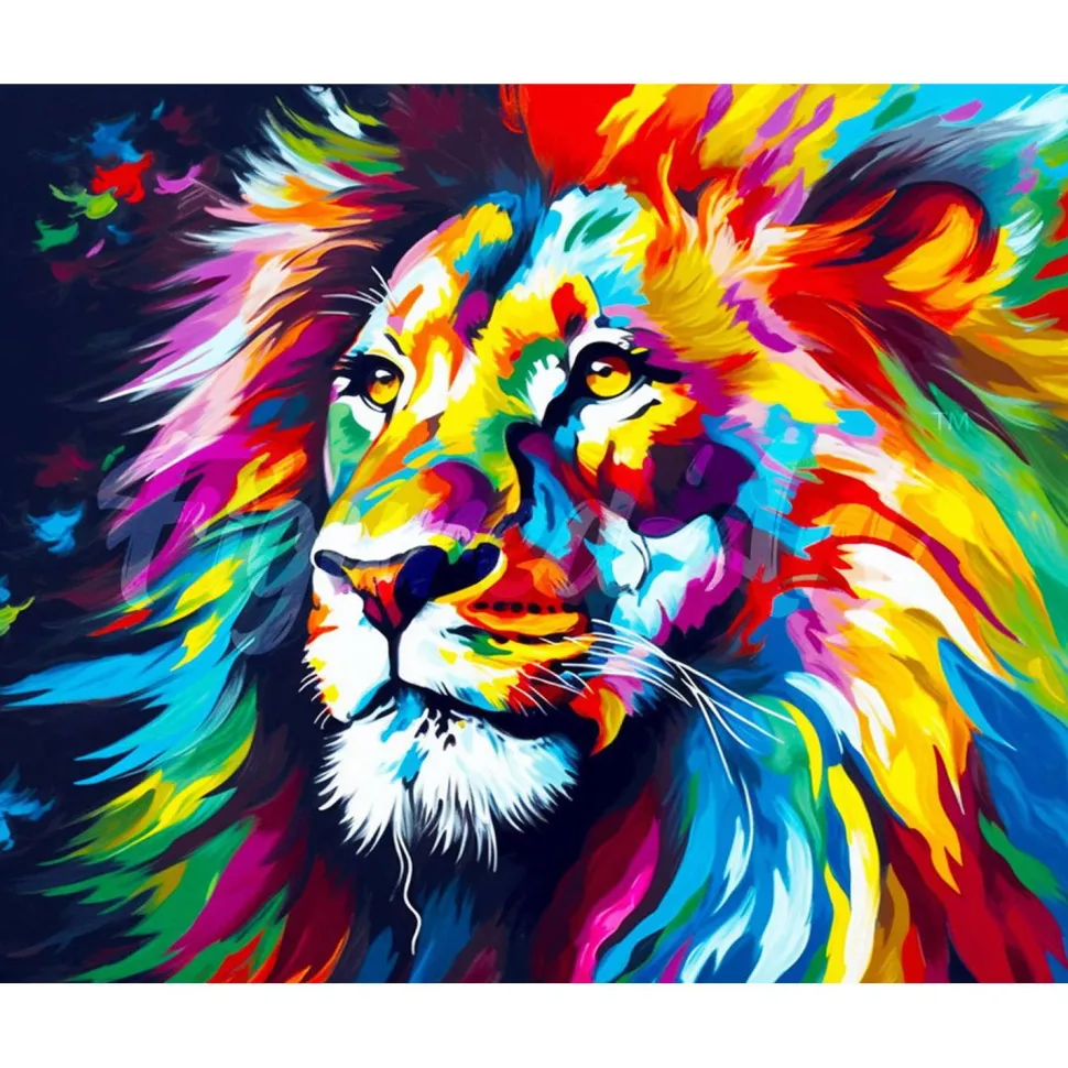 Broderie diamant : Lion Coloré Abstrait - toile tendue sur chassis - Figured'Art
