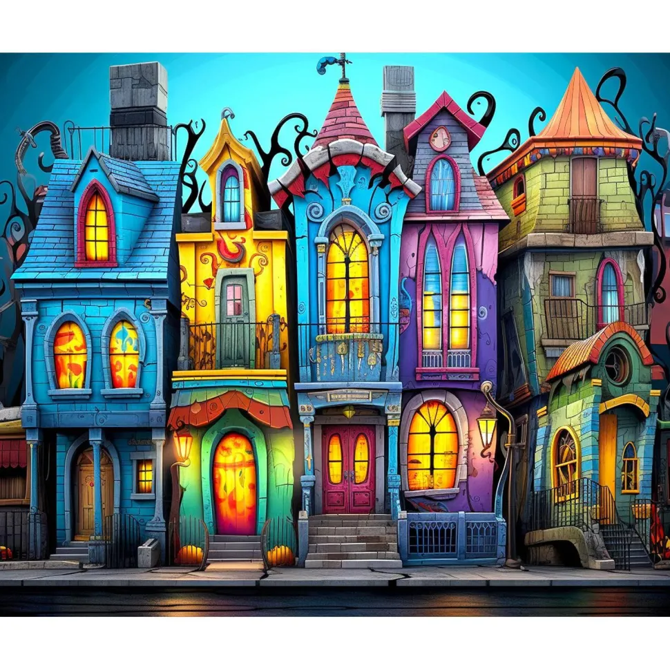 Broderie diamant : Maisons gothiques colorées - sans chassis en bois - Figured'Art