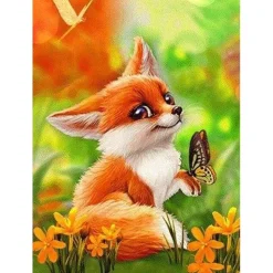 Broderie diamant : Petit Renard et Papillon - toile tendue sur chassis - Figured'Art
