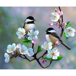 Broderie diamant : Petits Oiseaux et Fleurs Blanches - sans chassis en bois - Figured'Art