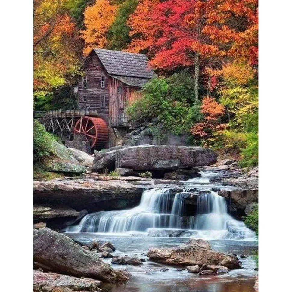 Broderie diamant : Relais de Montagne et Cascade - sans chassis en bois - Figured'Art