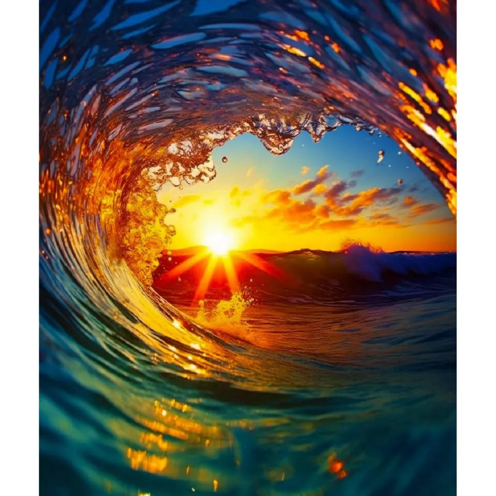 Broderie diamant : Vague et coucher de soleil - sans chassis en bois - Figured'Art