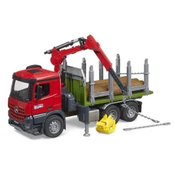 Camion de transport de bois Mercedes-Benz Arocs avec grue de chargement, grappin et 3 troncs d’arbre - Bruder