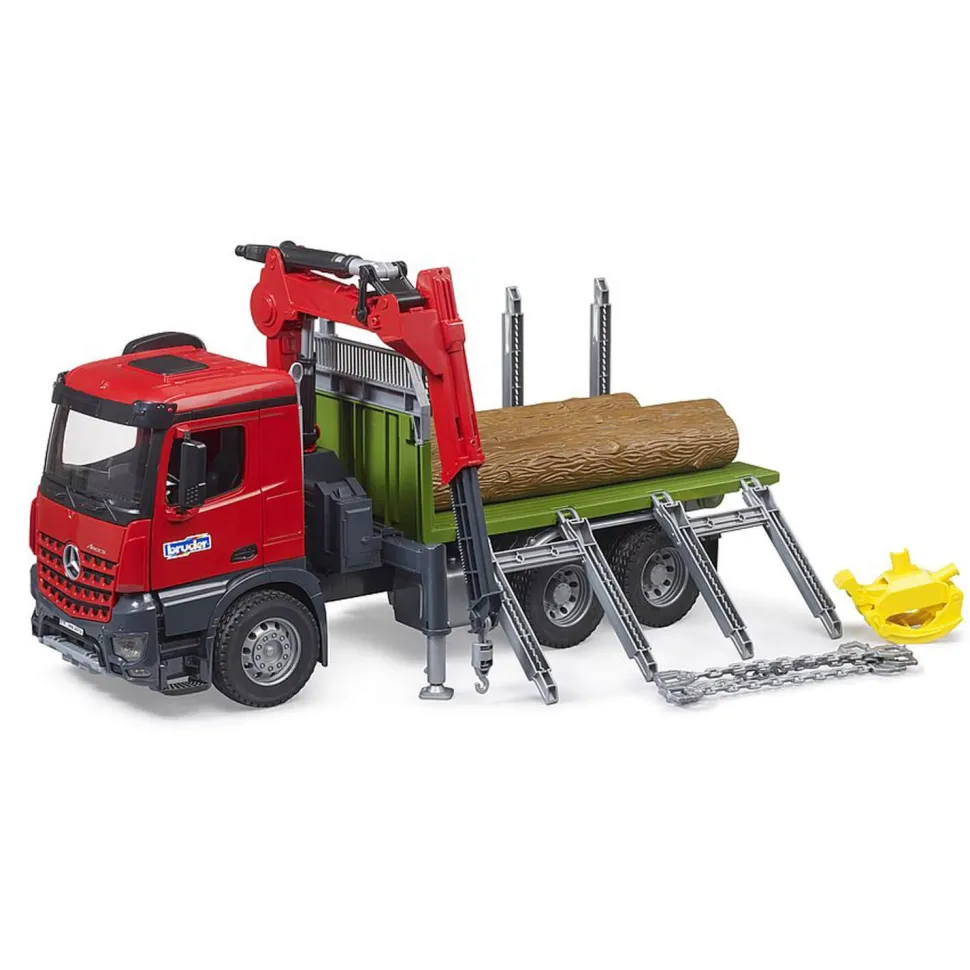Camion de transport de bois Mercedes-Benz Arocs avec grue de chargement, grappin et 3 troncs d’arbre - Bruder
