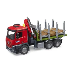 Camion de transport de bois Mercedes-Benz Arocs avec grue de chargement, grappin et 3 troncs d’arbre - Bruder