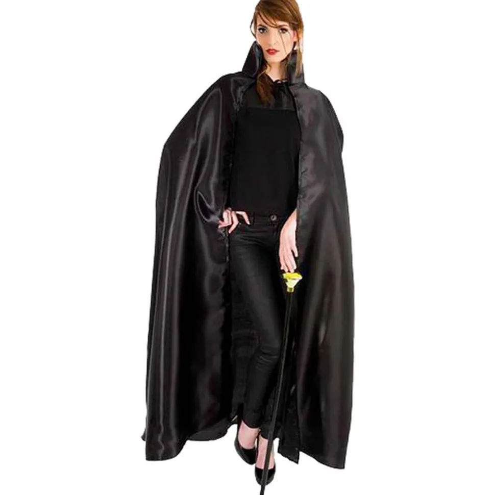 Cape satin 163cm Noire avec col Noir - RueDeLaFete
