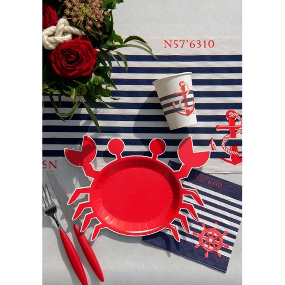 Chemin de table BORD DE MER, coton rayé et ancre 3m - RueDeLaFete