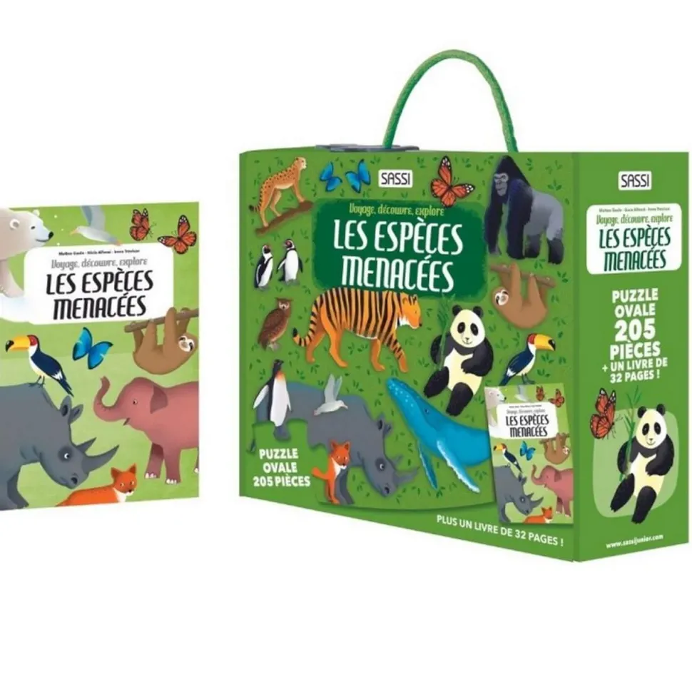 Coffret livre et puzzle de 205 pièces : Voyage, Découvre, Explore : Les espèces menacées - Sassi