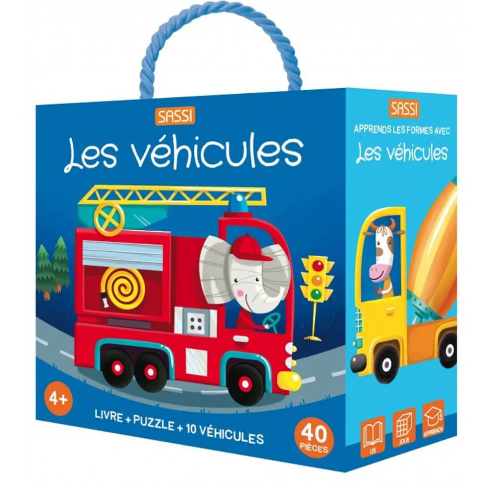 Coffret livre, puzzle 40 pièces et véhicules : Les véhicules - Sassi