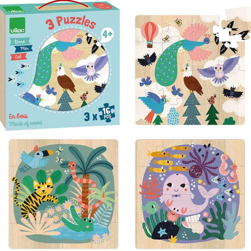 Coffret puzzles en bois 3x16 pièces : Terre - Vilac