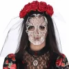 Coiffe Day of the dead avec roses rouges et voile imprimé - RueDeLaFete