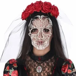 Coiffe Day of the dead avec roses rouges et voile imprimé - RueDeLaFete