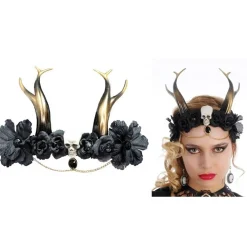 Coiffe gothique noire avec cornes, tête de mort et médaillon - RueDeLaFete