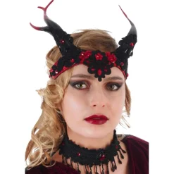 Coiffe gothique rouge/noire avec cornes et pierres rouges - RueDeLaFete