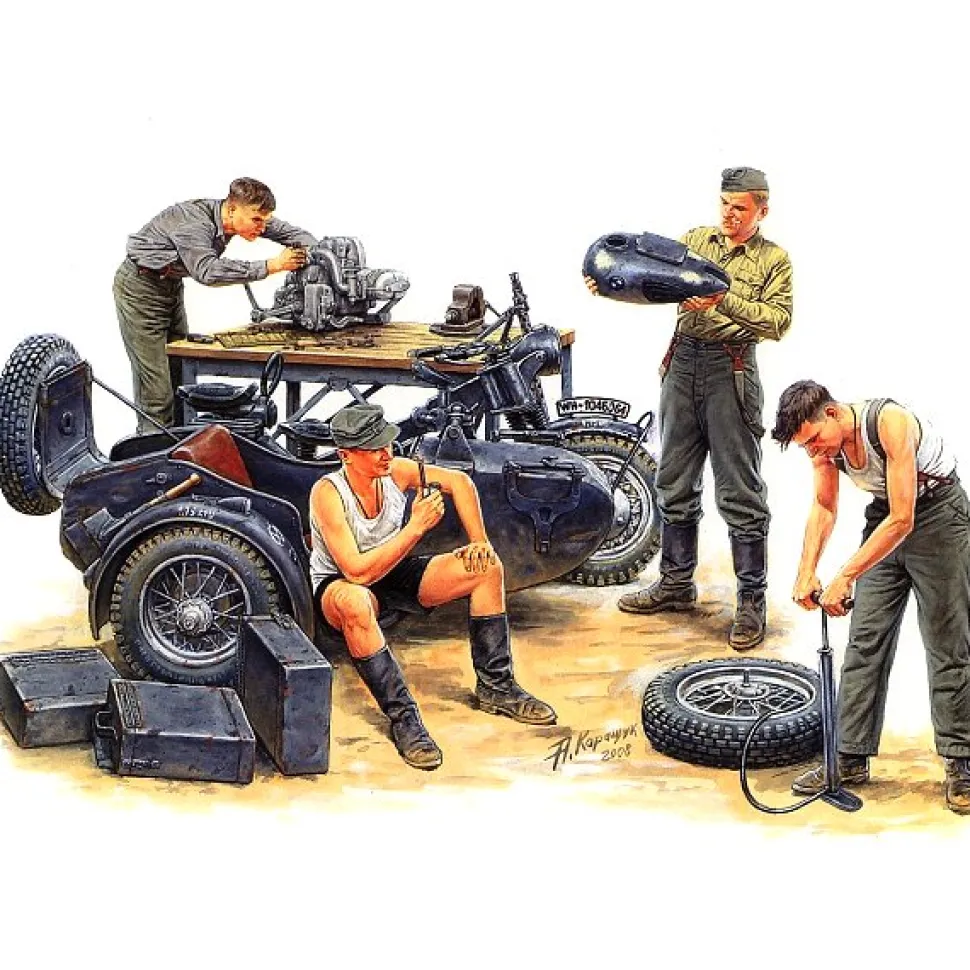Figurines 2ème Guerre Mondiale : Equipe d'entretien motocycliste allemand : Moto BMW R75 - Master Box
