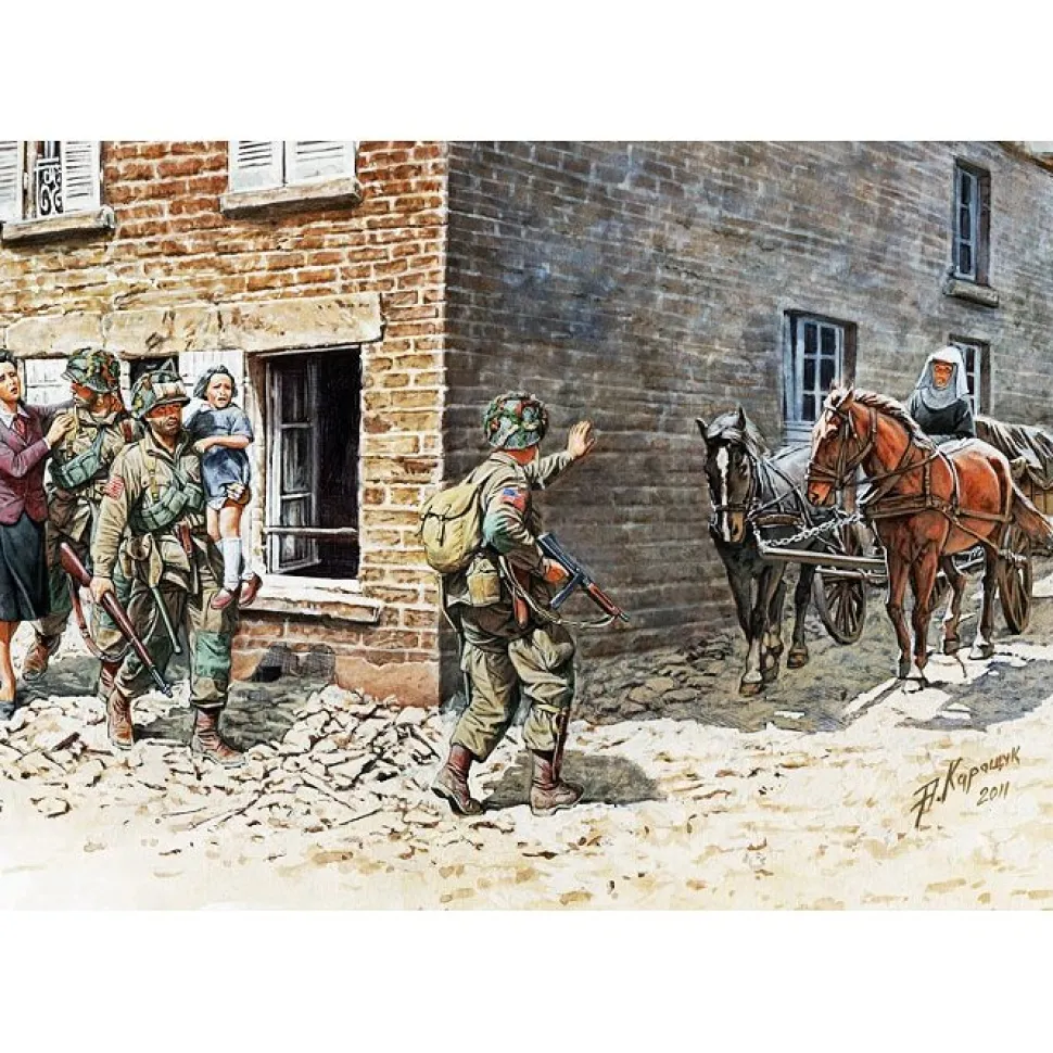 Figurines 2ème Guerre Mondiale : Sauver les civils : Parachutistes US et civils français : Normandie - Master Box