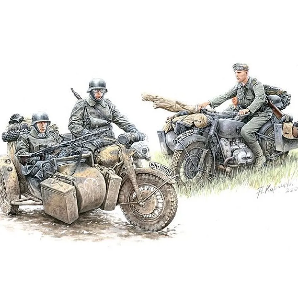 Figurines 2ème Guerre Mondiale : Set de reconnaissance motocycliste allemand : Moto BMW R-75 - Master Box