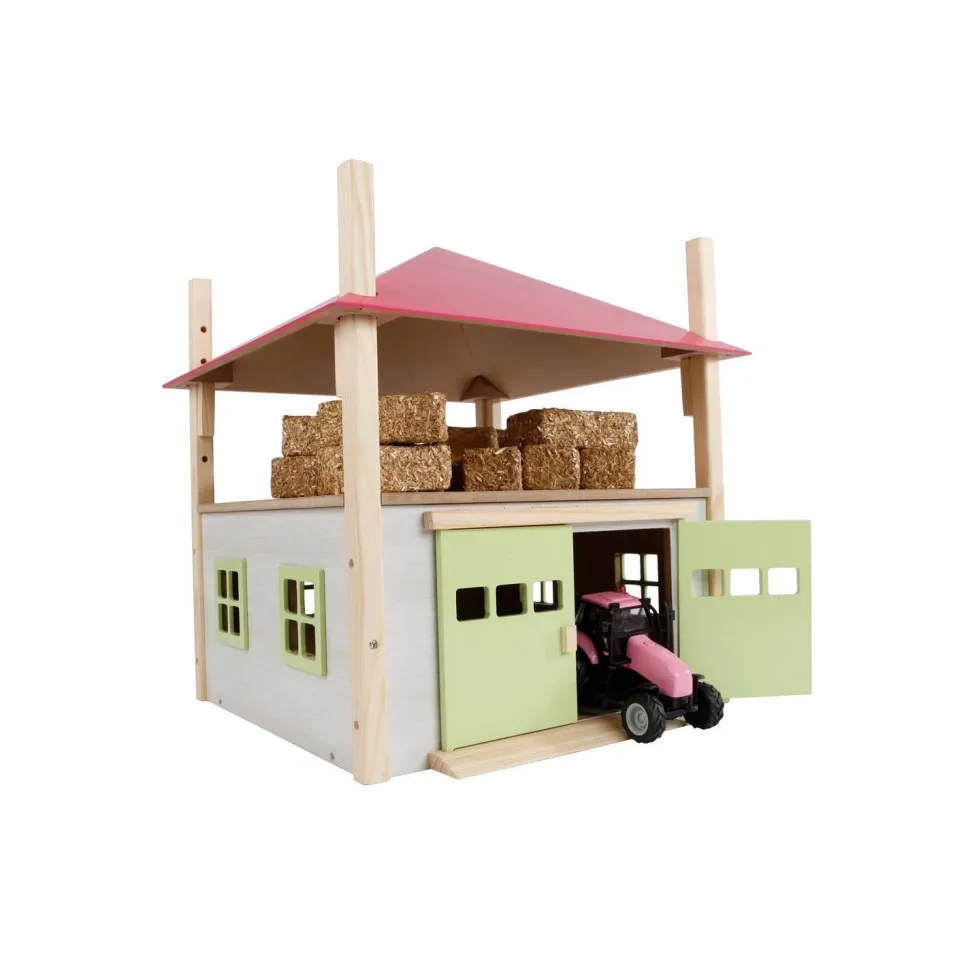 Grange à foin en bois avec grenier et toit réglable en hauteur rose (1:32) - Kids Globe Horses
