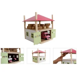 Grange à foin en bois avec grenier et toit réglable en hauteur rose (1:32) - Kids Globe Horses