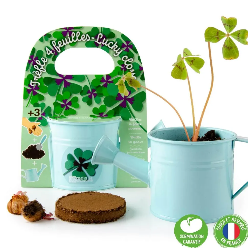 Kit de jardinage : Mini arrosoir bleu et ses graines de trèfle - Radis et Capucine