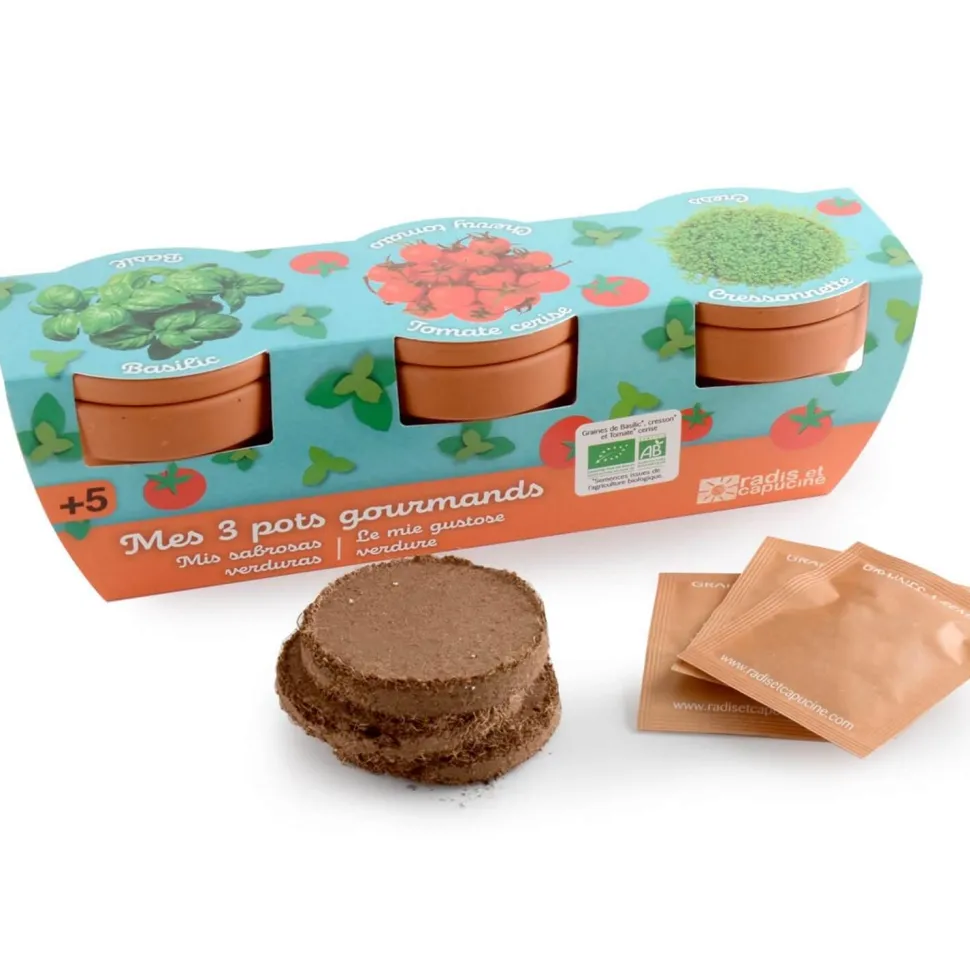Kit de jardinage : Trio 3 pots plantes gourmandes bio - Radis et Capucine