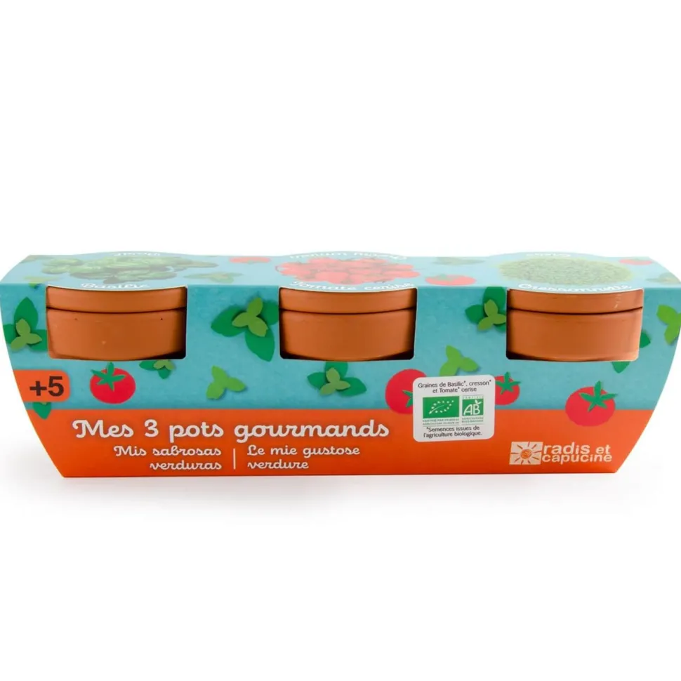 Kit de jardinage : Trio 3 pots plantes gourmandes bio - Radis et Capucine