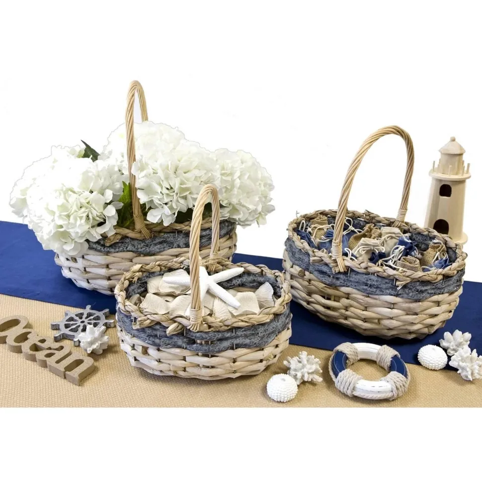 Lot 3 Grands Paniers ovales en osier 24cm, 29cm et 34cm, Blanchi/BLEU gris - RueDeLaFete