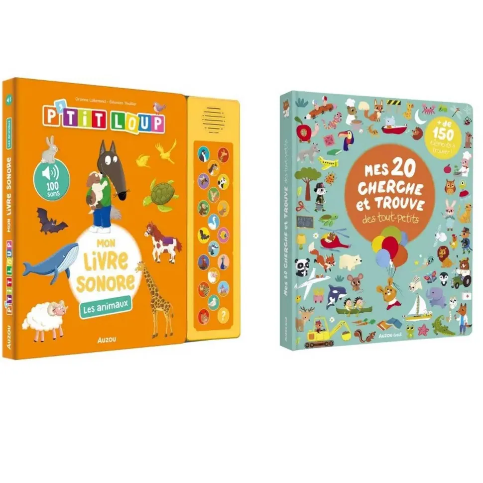 Lot de 2 livres : Mon livre sonore des animaux et mes 20 cherche et trouve des tout-petits - Editions Auzou