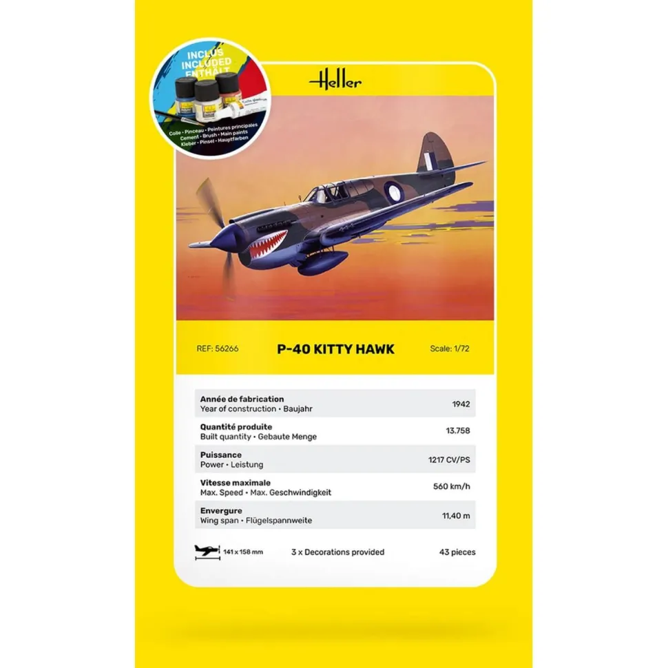 Maquette Avion : STARTER KIT - P-40 Kitty Hawk - Heller