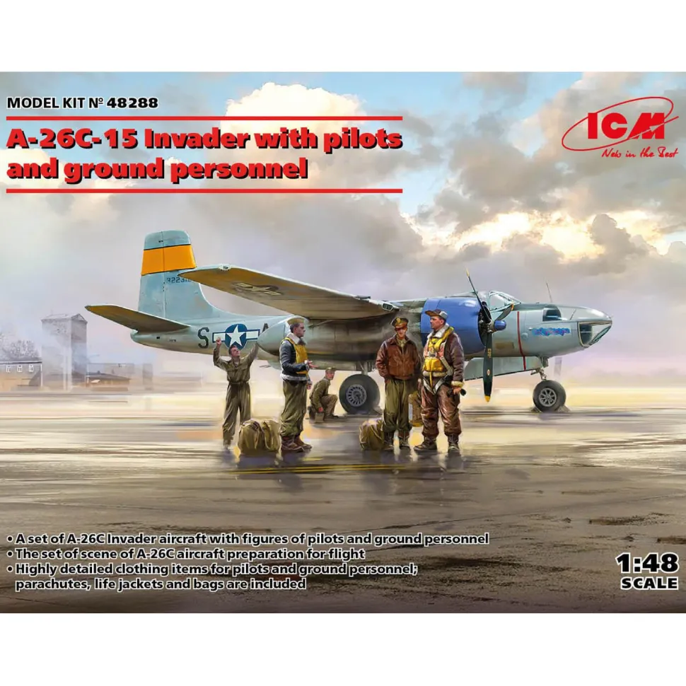 Maquette avion et figurines : A-26C-15 Invader avec pilotes et personnel au sol - ICM