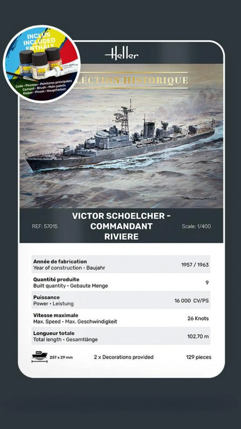 Maquette bateau : Collection historique : Starter Kit : Victor Schoelcher - Commandant Riviere - Heller
