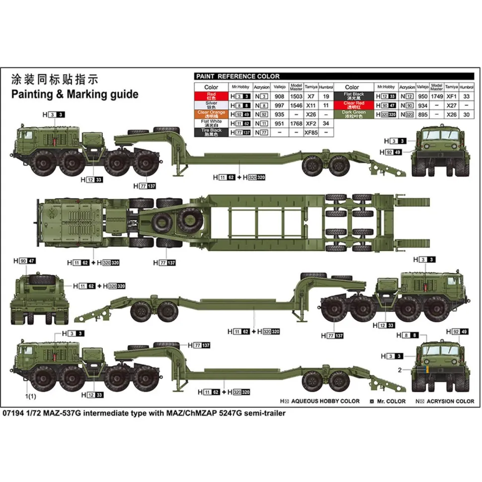 Maquette camion : Type intermédiaire MAZ-537G avec semi-remorque MAZ/ChMZAP 5247G - Trumpeter