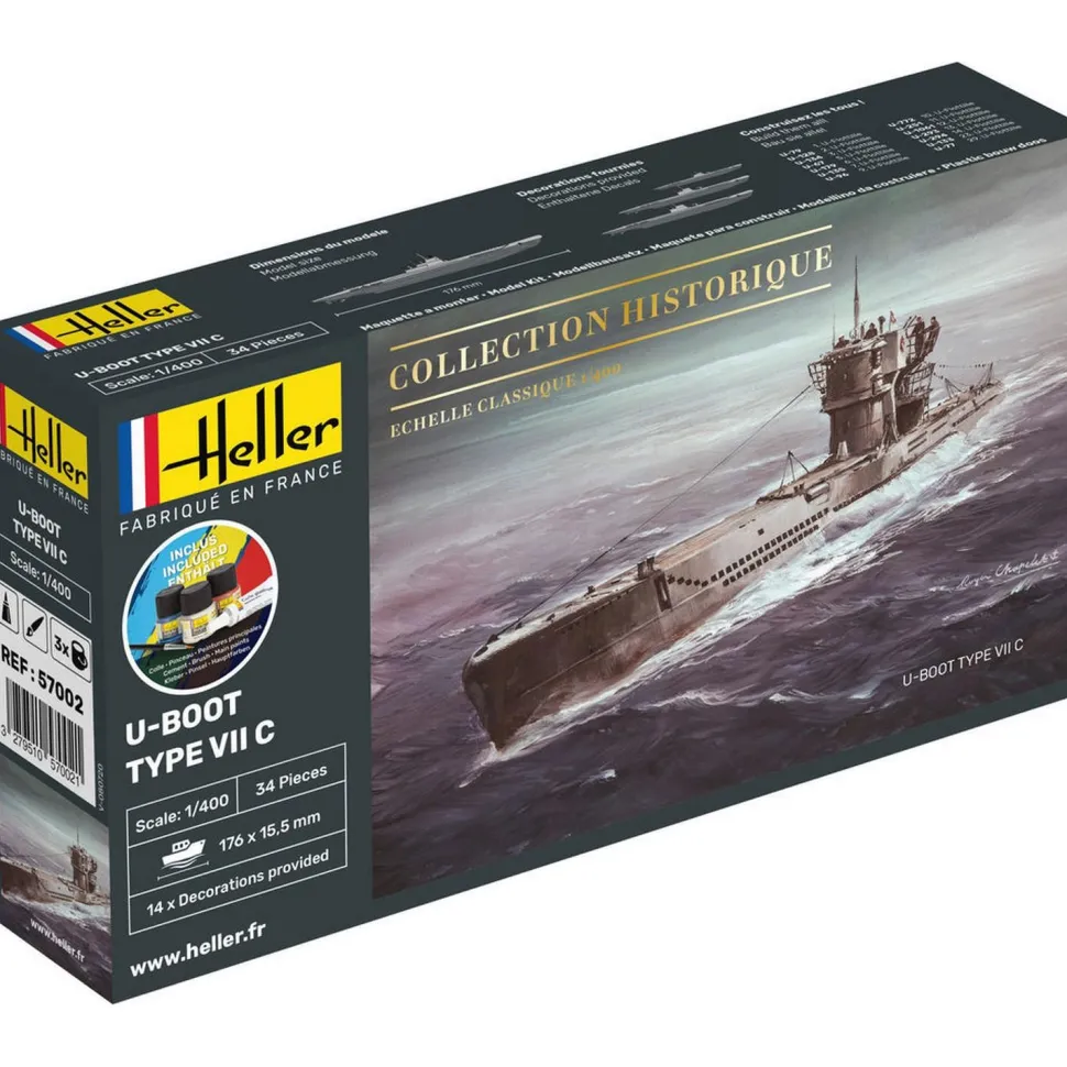 Maquette sous-marin : Collection historique : Starter Kit : U-Boot Type VII C - Heller