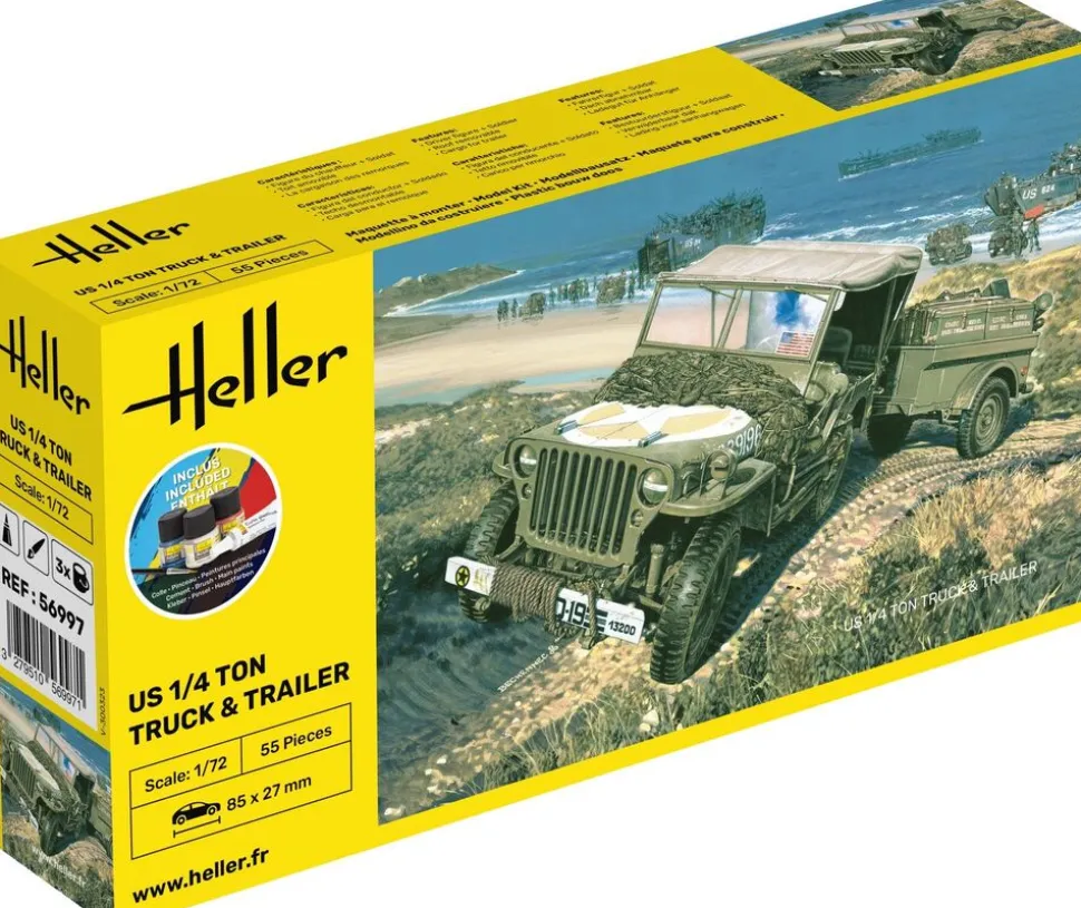 Maquette véhicule militaire : Kit : US 1/4 Ton Truck Trailer - Heller