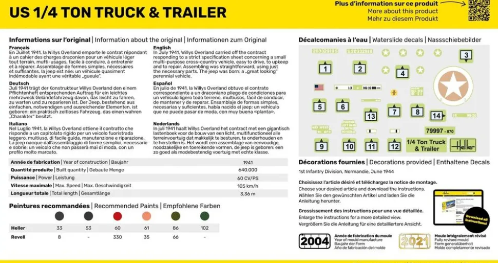 Maquette véhicule militaire : Kit : US 1/4 Ton Truck Trailer - Heller
