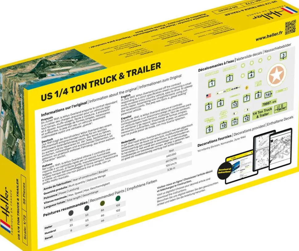 Maquette véhicule militaire : Kit : US 1/4 Ton Truck Trailer - Heller