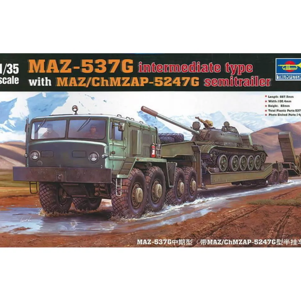 Maquette véhicule militaire : MAZ-537G type intermédiaire avec semi-remorque MAZ / ChMZAP - Trumpeter