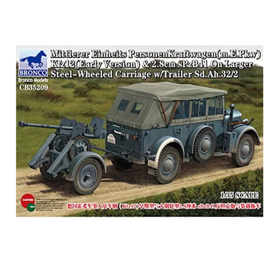 Maquette véhicule militaire : Mittlerer Einheits Personenkraftwagen (m.E.Pkw) Kfz 12 et Sd.Ah 32/2 - Bronco Models