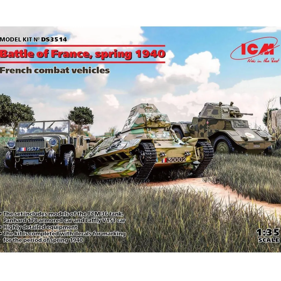 Maquettes véhicules militaires : Panhard 178 AMD-35, FCM 36, Laffly V15T - ICM