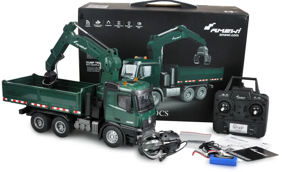 Mercedes-Benz Arocs Licence Camion grue avec benne RTR 1:14 vert - Amewi